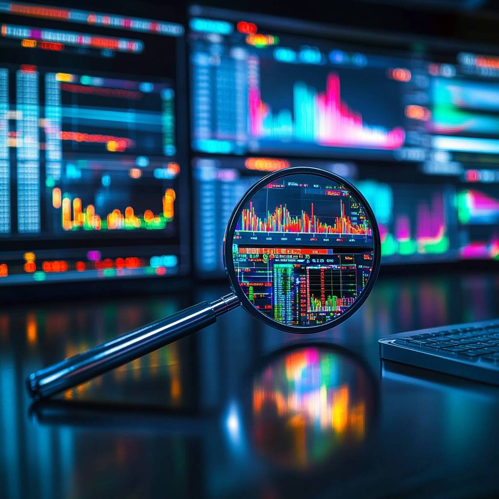 A magnifying glass positioned over bright, colorful stock market graphs and data on multiple screens in a dark trading room environment.