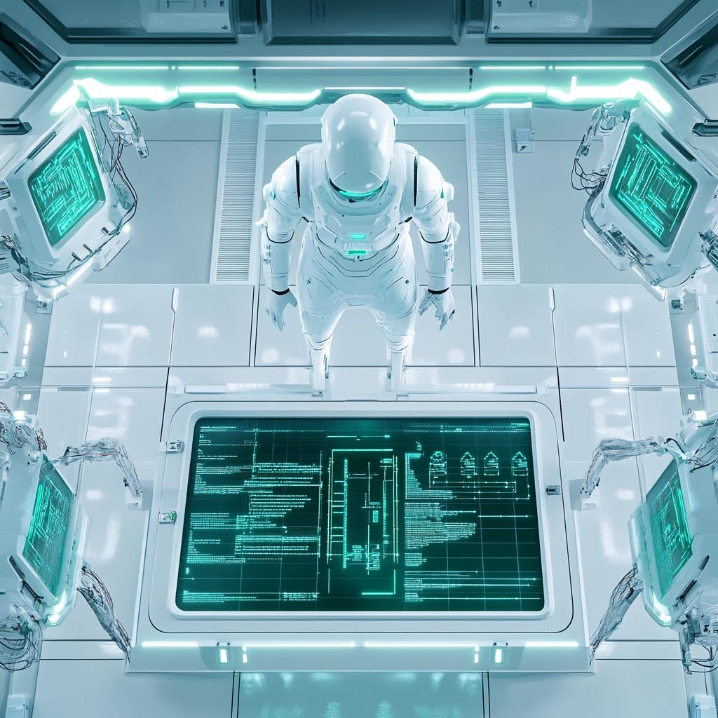 A futuristic scene featuring a white astronaut suit standing in a high-tech room surrounded by glowing computer monitors and data displays.