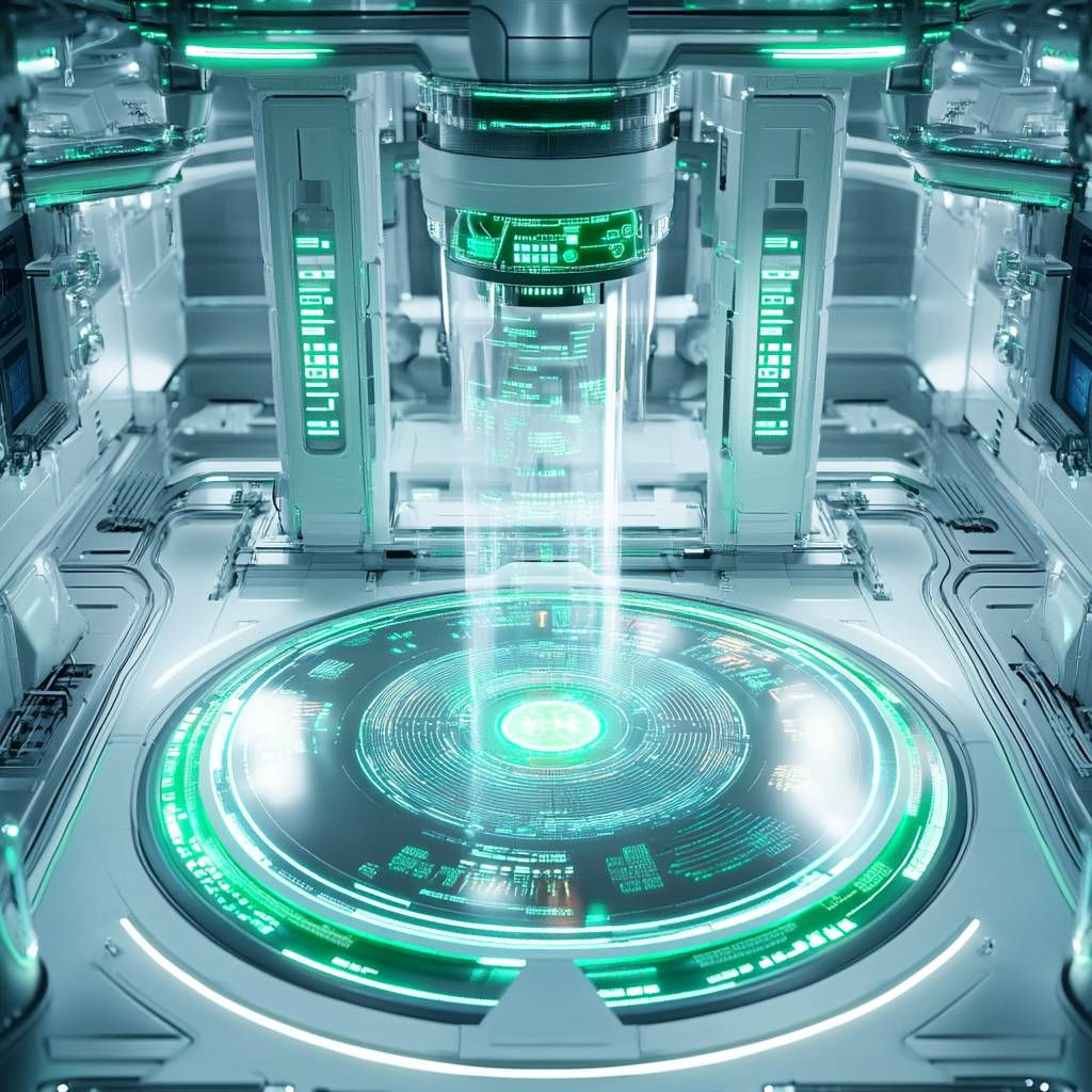 A futuristic technology interface featuring a circular platform with glowing green graphics, surrounded by metallic structures and digital displays.