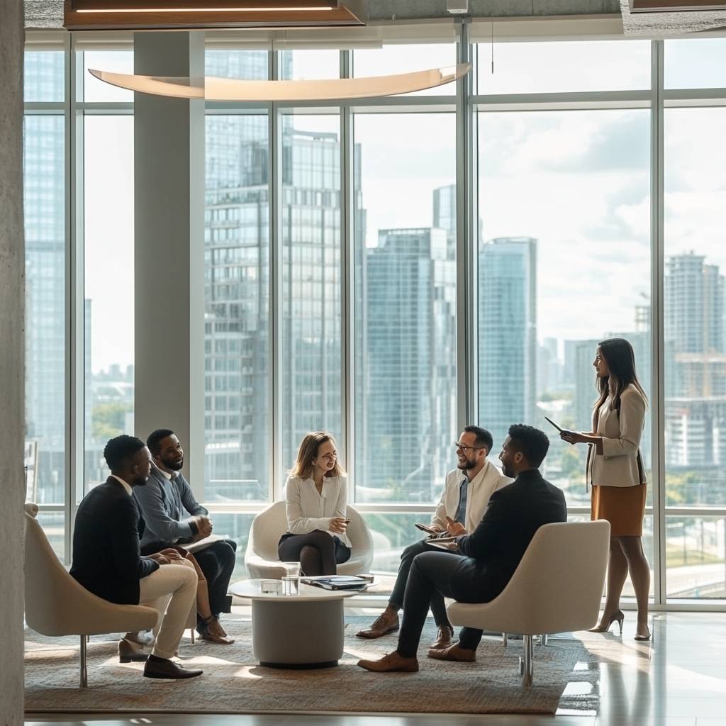 A diverse group of professionals engaged in discussion around a circular table, with modern office skyscrapers visible through large windows.