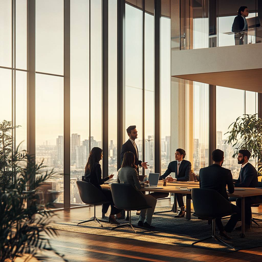 A modern conference room with a large table where seven professionals engage in discussion, large windows showcasing a city skyline at sunset.
