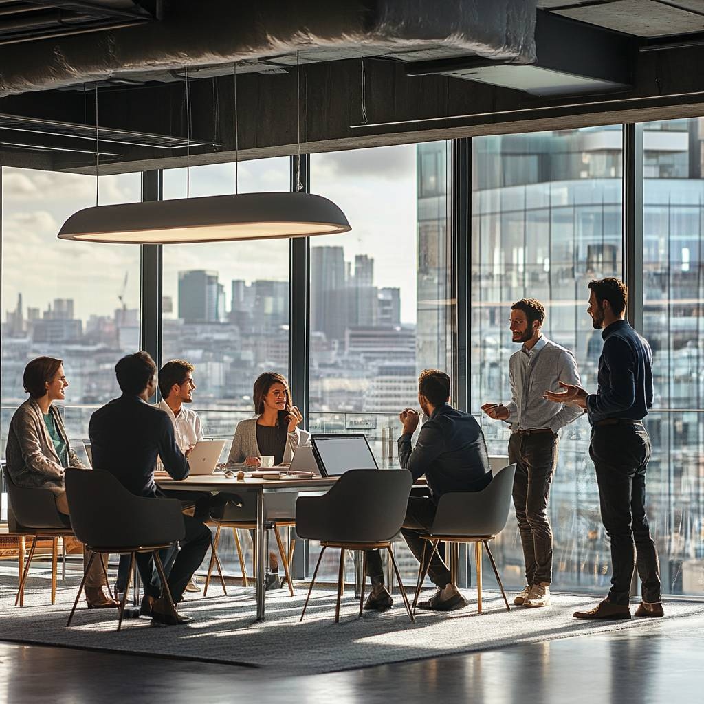 A group meeting in a modern office space with large windows showcasing a city view, featuring six people seated and two standing, discussing ideas.