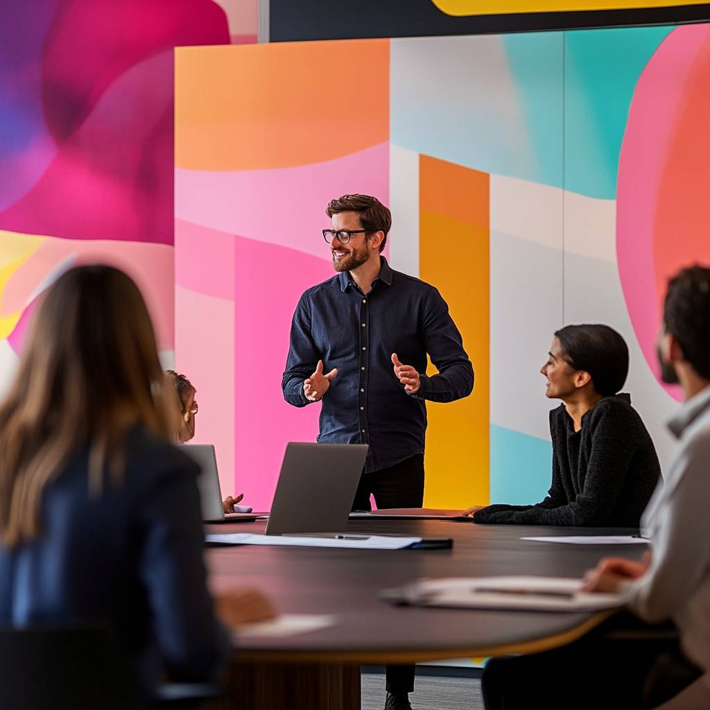 A man standing and presenting to a group seated around a conference table, with a colorful abstract mural in the background. Laptops and notepads are visible.