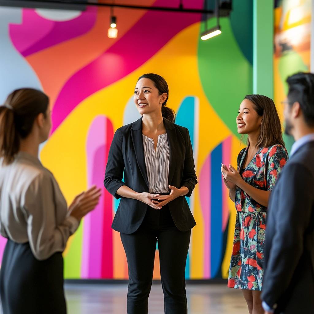 A group of four people engaged in conversation in a colorful, modern workspace, with one woman in a suit smiling and leading the discussion.