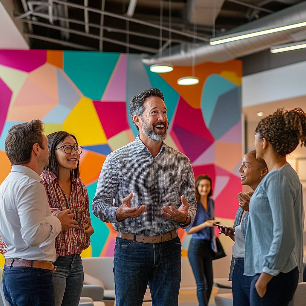 A group of five people engaged in lively conversation in a modern office space with a colorful abstract mural in the background.