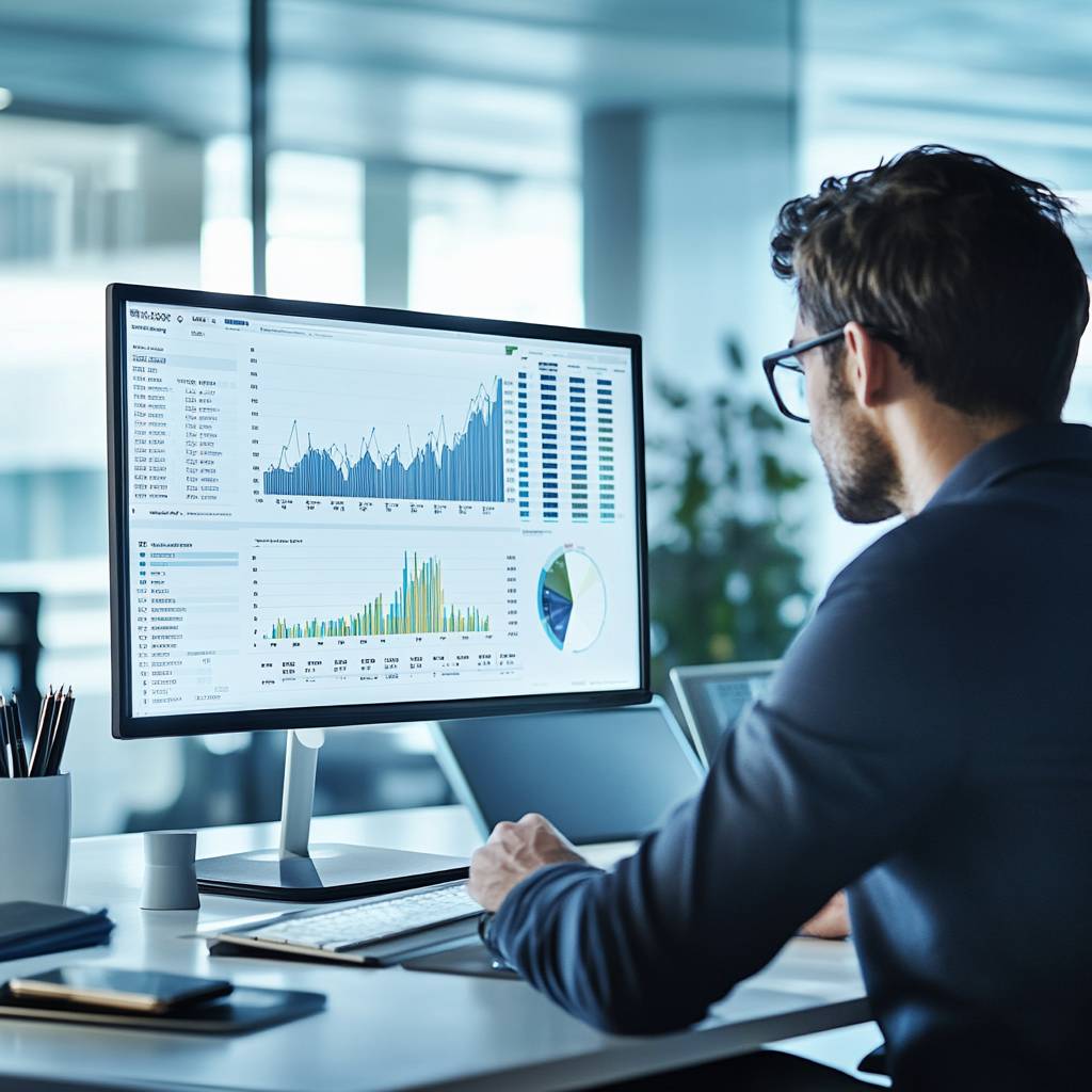 A professional man analyzes data on a computer screen displaying various graphs and charts in an office setting, with greenery visible in the background.