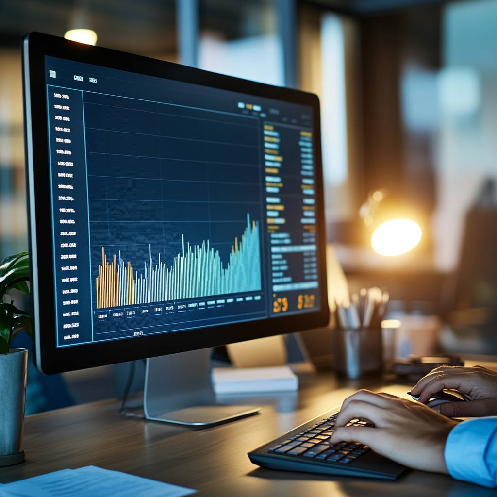 A close-up of a computer monitor displaying a colorful financial graph, showing a rising trend, with a person typing on a keyboard in the foreground.