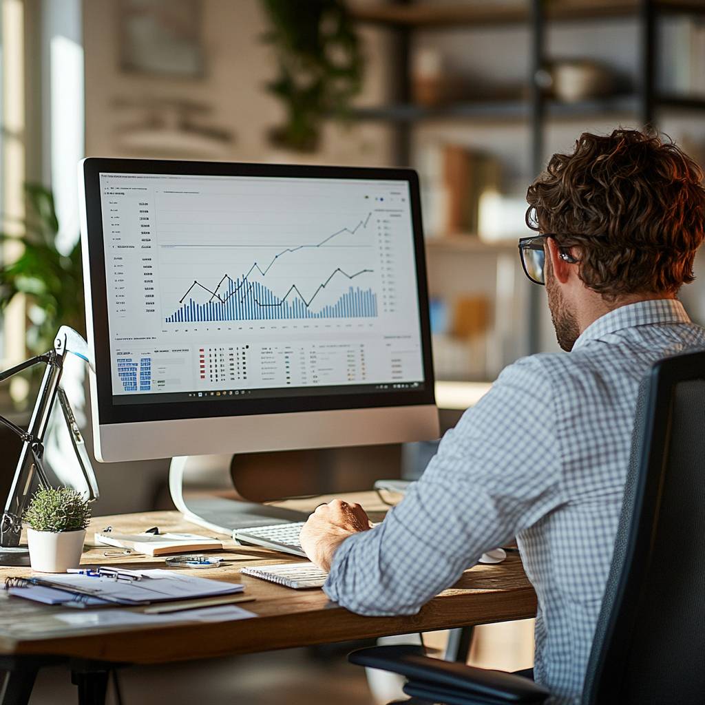 A man working at a desk, focused on data analysis displayed on a large monitor, surrounded by office supplies and a small potted plant.