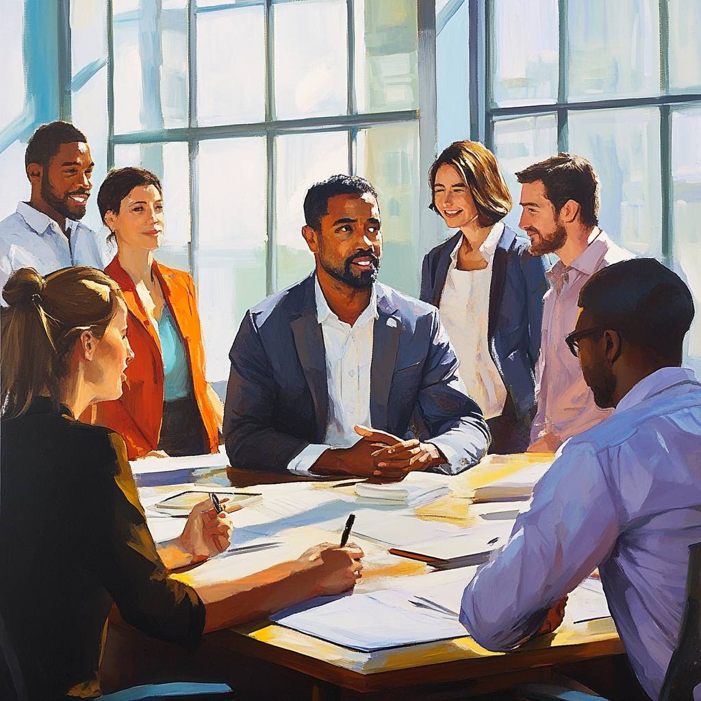 A group of six diverse professionals engaged in a meeting around a table, discussing ideas in a bright office with large windows.