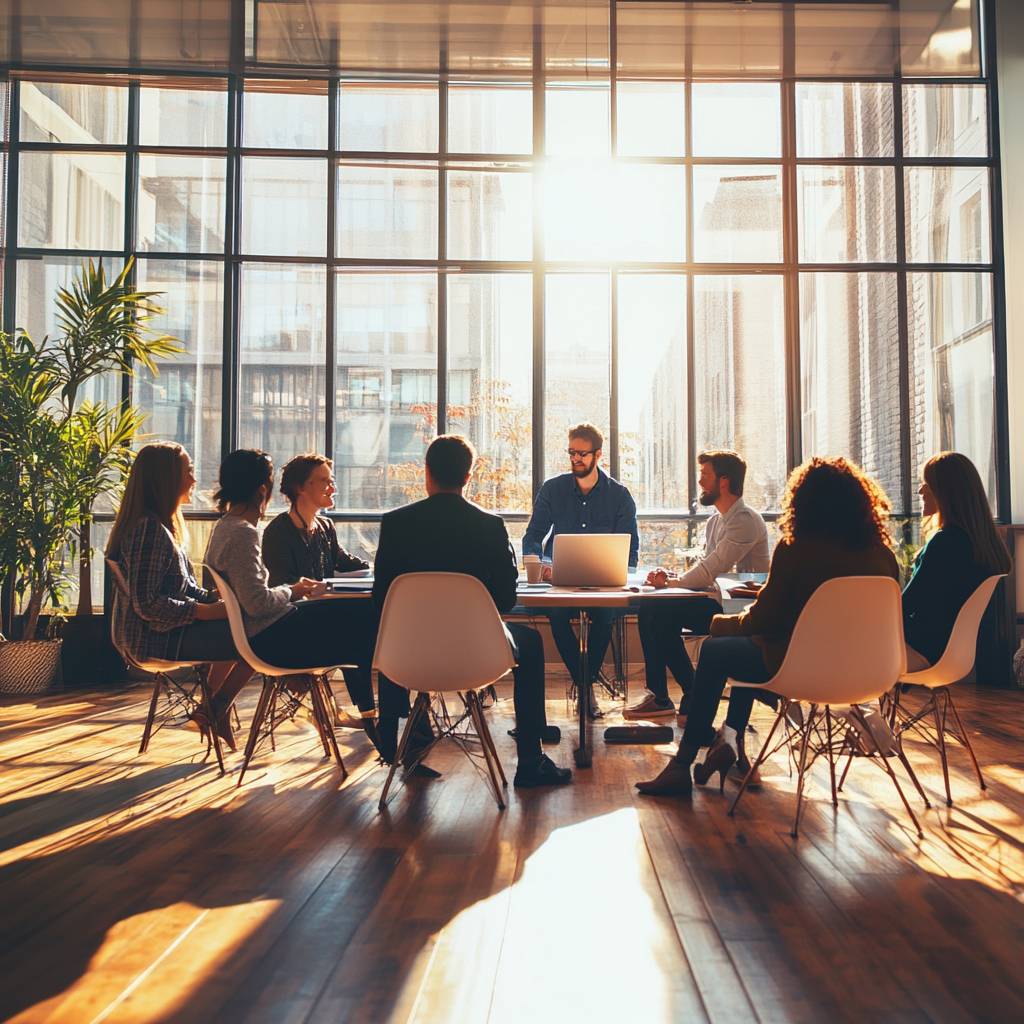 A group of professionals engaged in a meeting around a table in a well-lit office, with large windows and plants in the background.