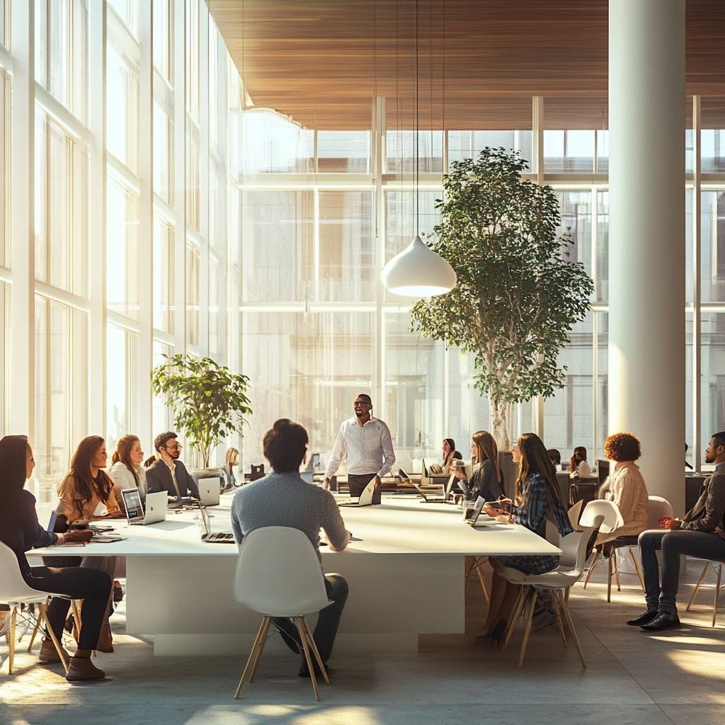 A spacious modern conference room filled with professionals gathered around a large table, engaged in discussion, surrounded by large windows and greenery.