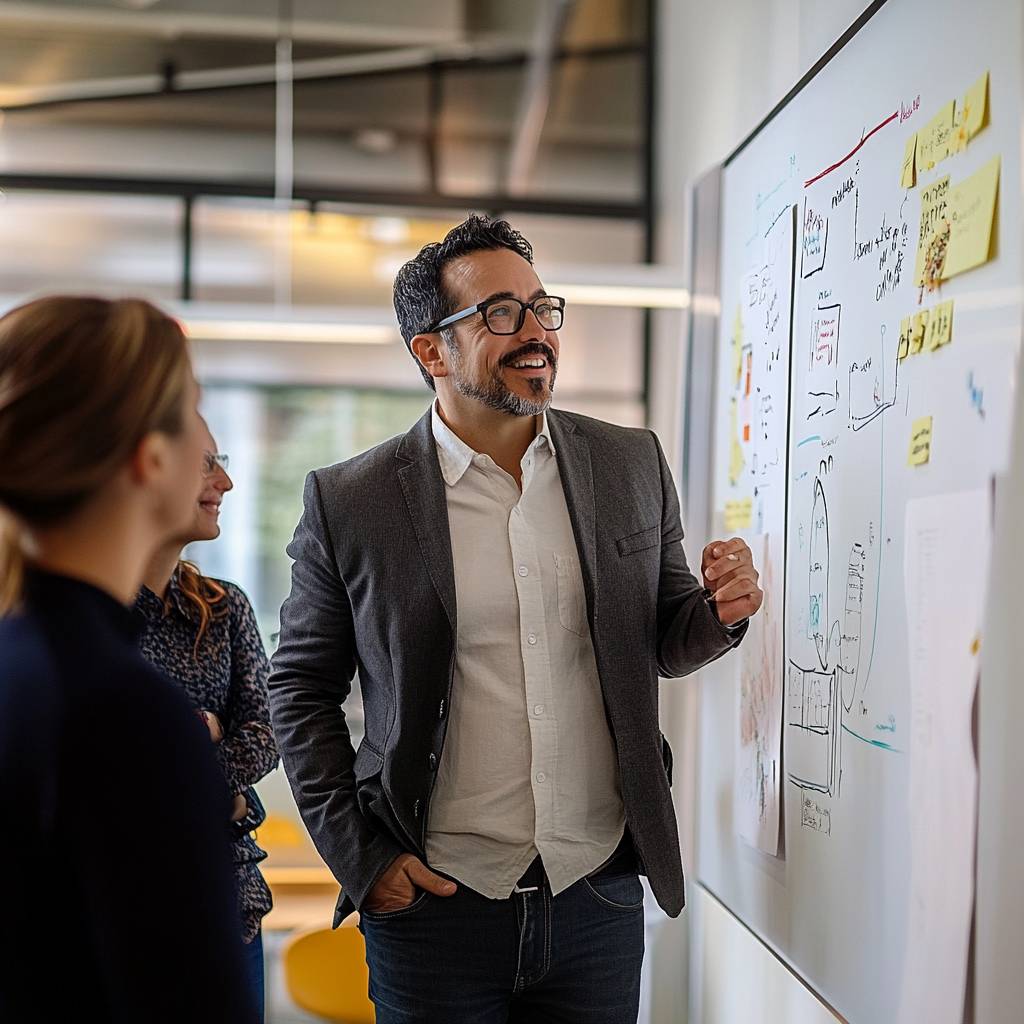 A man in a blazer stands smiling by a whiteboard filled with notes and diagrams, while three colleagues listen attentively in a modern office setting.