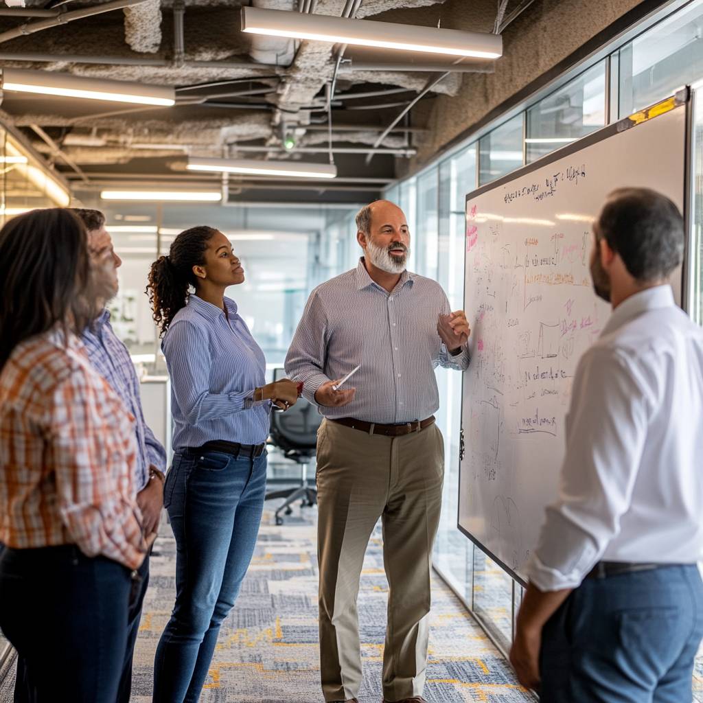 A group of five professionals stands in an office space, engaging in a discussion while pointing at a whiteboard filled with notes and diagrams.