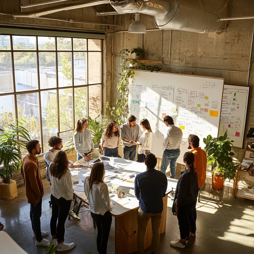 A group of diverse people collaborate around a large table in a bright, plant-filled workspace, with a whiteboard covered in notes and sketches.
