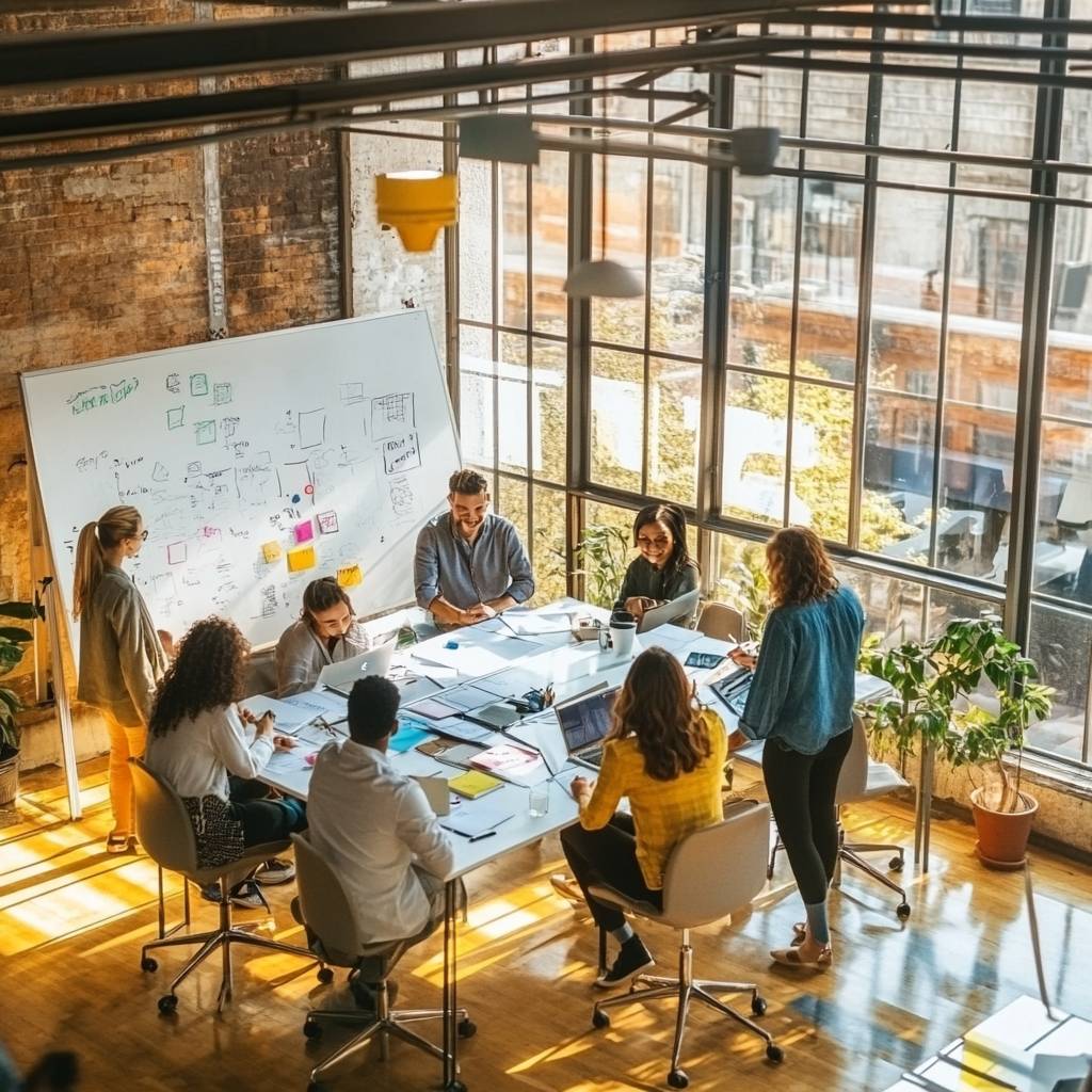A diverse group of people collaborates in a bright, modern office space, gathered around a table with laptops, papers, and a whiteboard.