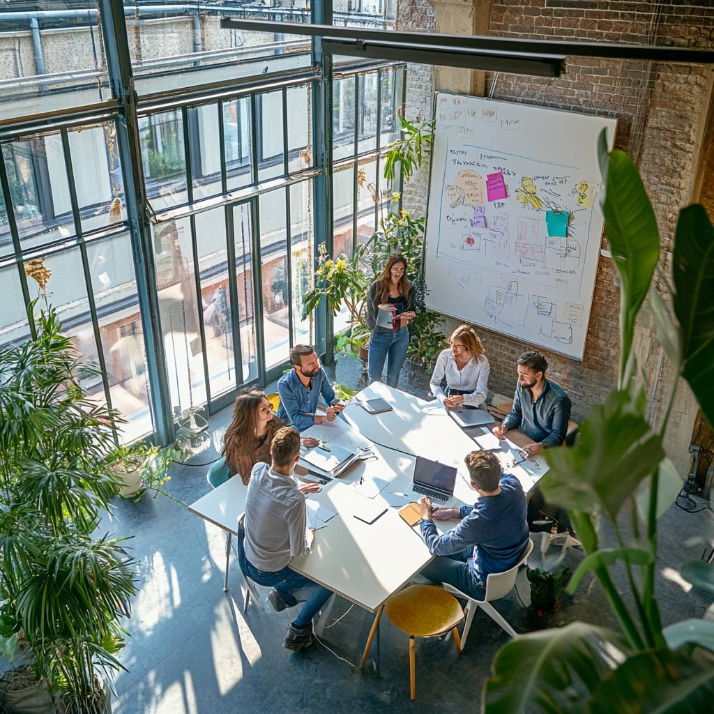 A diverse group of professionals collaborate around a large table in a bright, modern workspace filled with plants and a whiteboard.