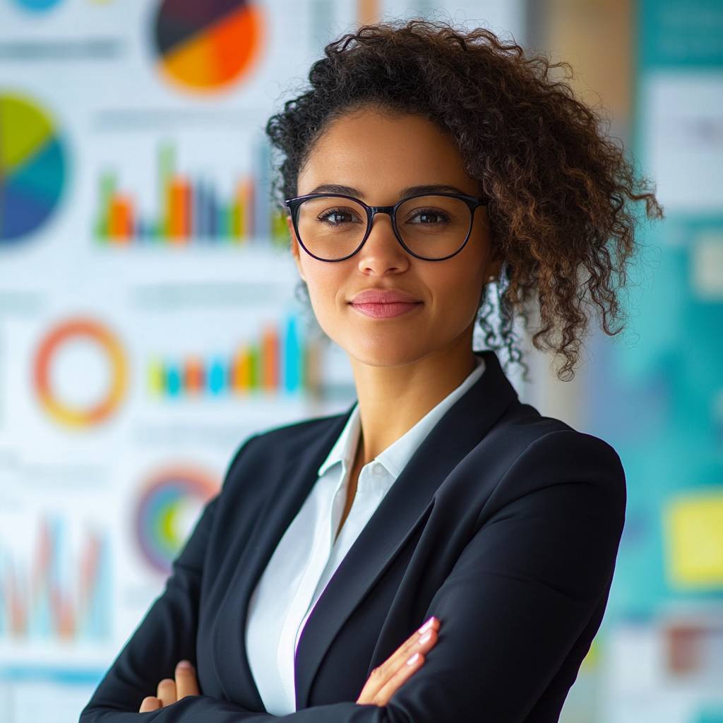 A confident woman with curly hair and glasses stands with arms crossed, smiling in front of colorful graphs and charts on a wall.