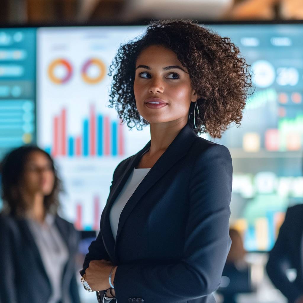 A confident woman with curly hair in a dark suit stands thoughtfully in front of a data presentation screen showcasing graphs and statistics.