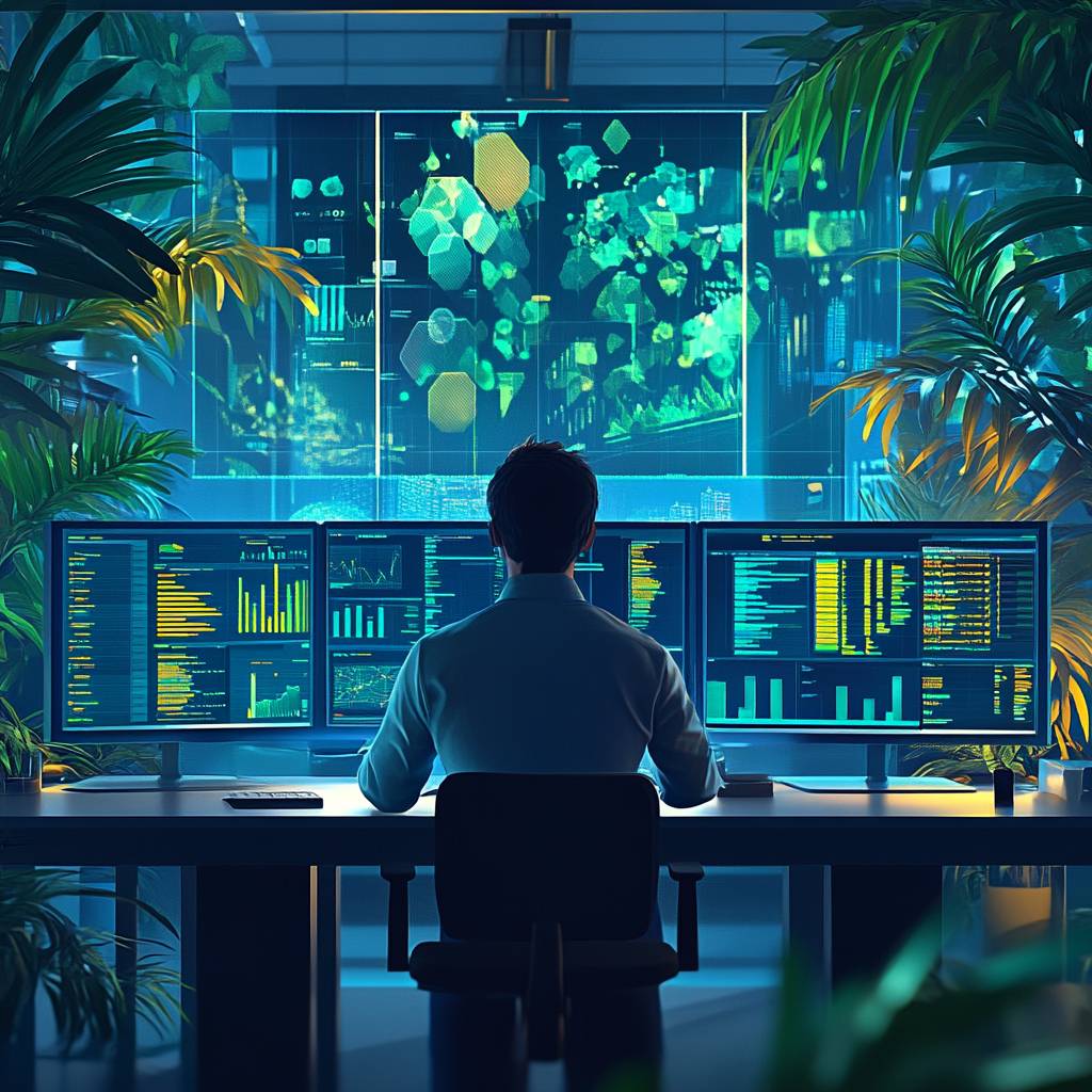 A person sits at a desk with multiple computer screens displaying data analytics, surrounded by greenery and a futuristic cityscape outside.