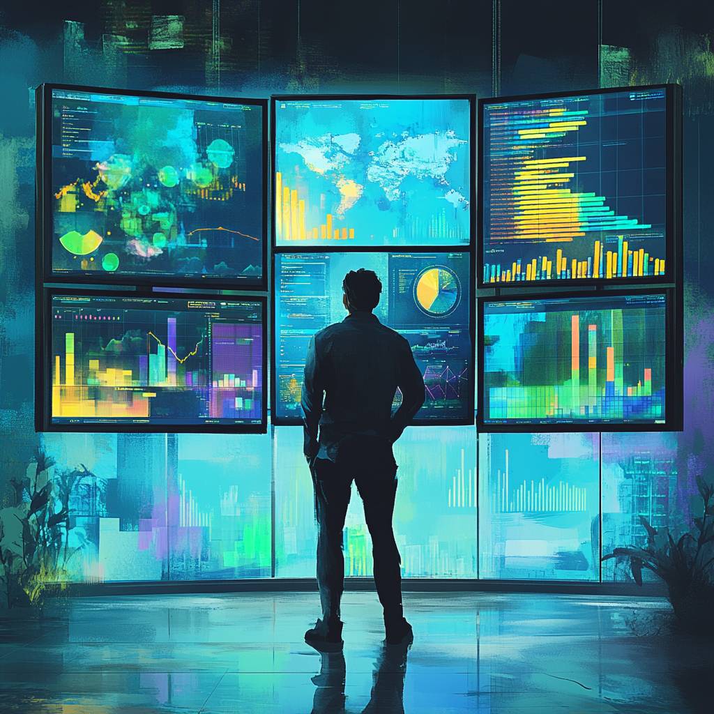 A person stands facing multiple screens displaying colorful data visualizations, graphs, and a world map, in a high-tech environment.