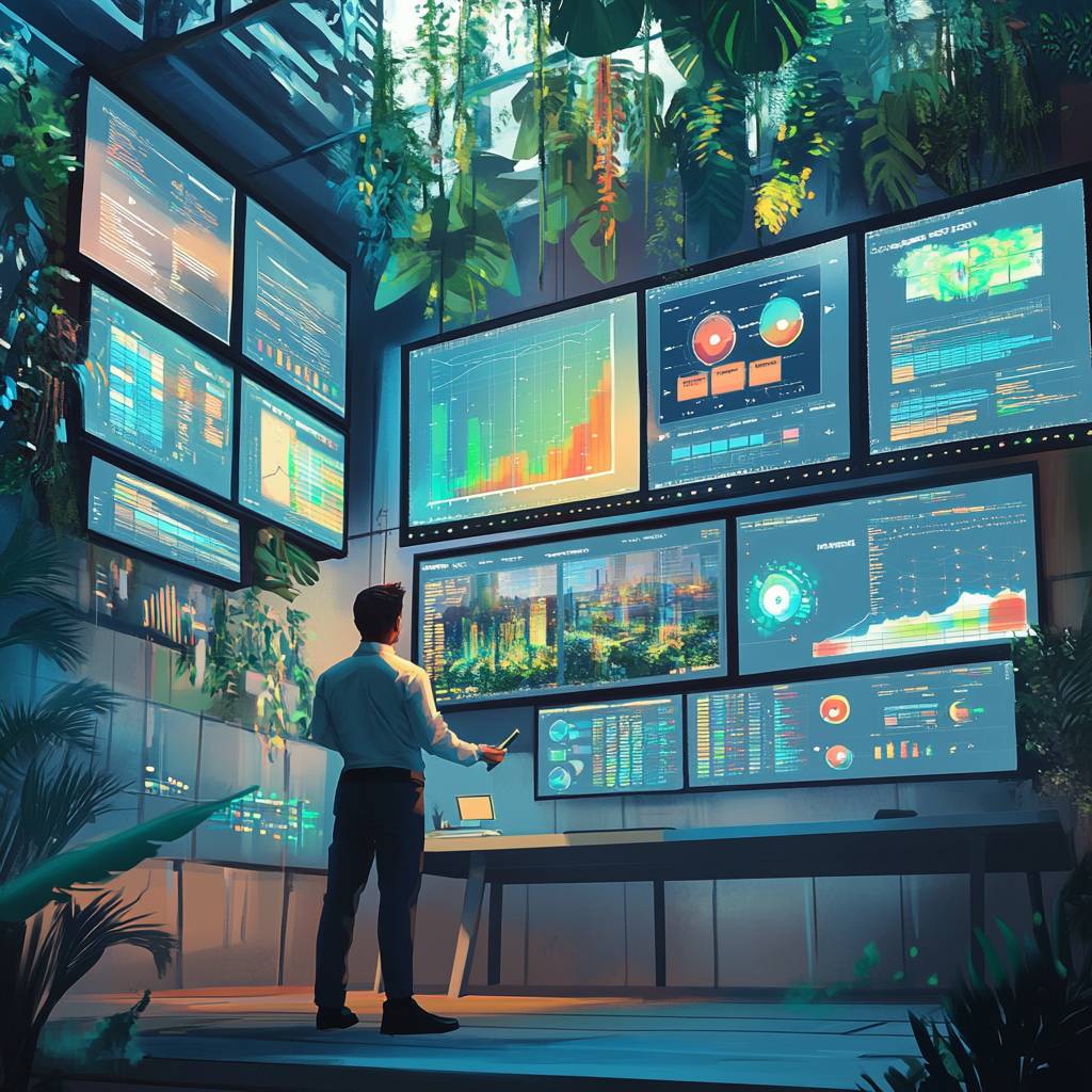 A person in business attire observes multiple digital screens displaying colorful graphs, charts, and data visuals in a lush, green environment.
