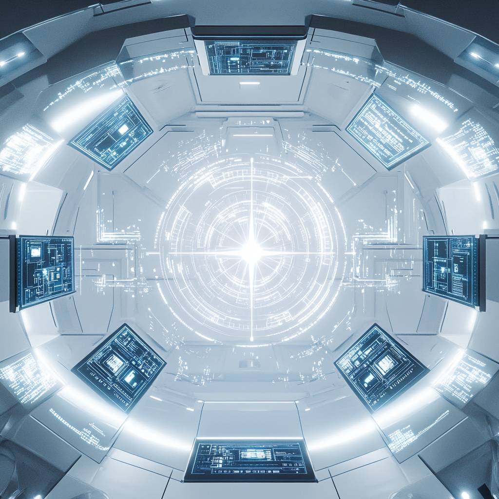 A futuristic, circular room with glowing interfaces and screens, featuring a central bright light and a sleek, high-tech design.