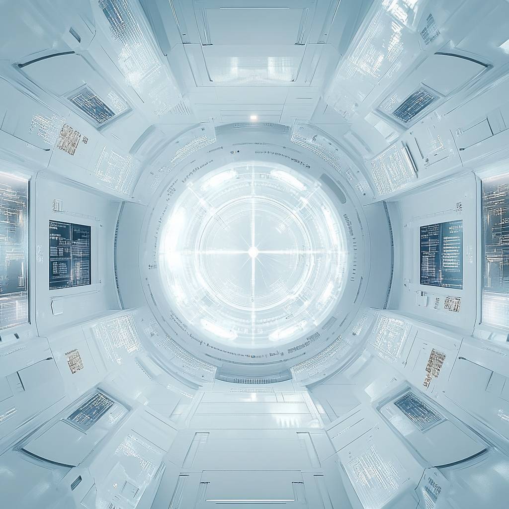 A futuristic, circular room with a bright central light source, sleek white walls, and various screens displaying digital interfaces and data.