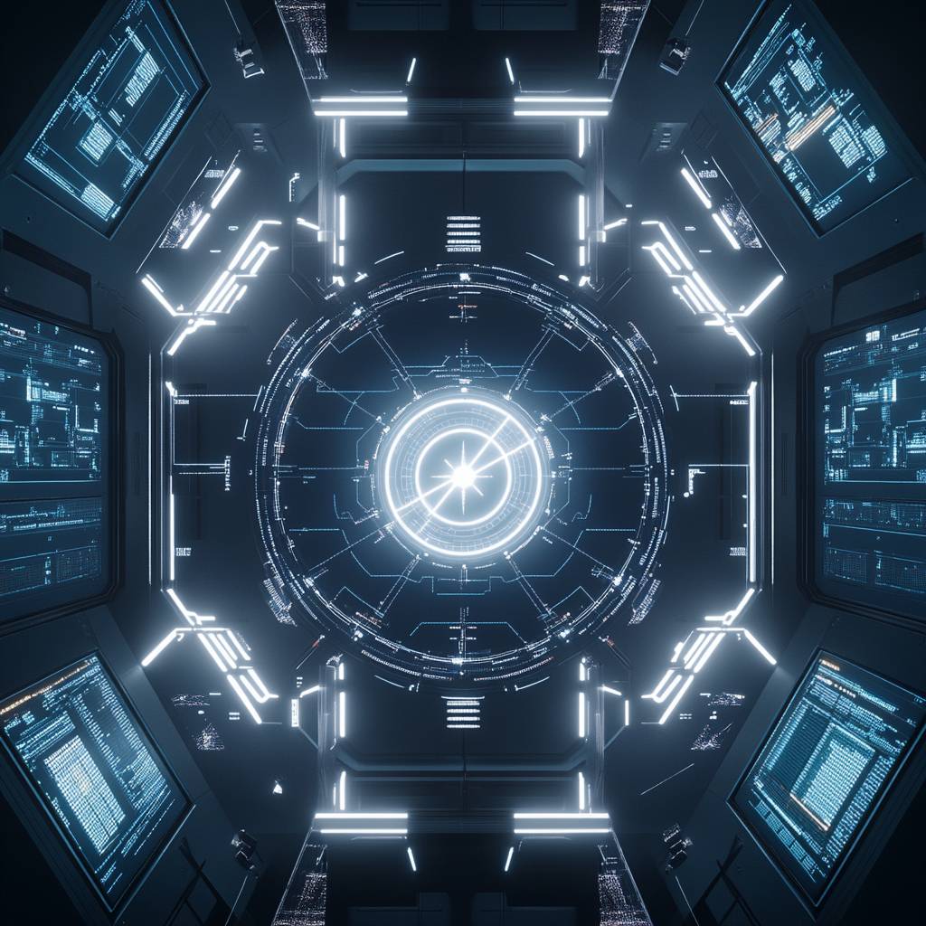 A futuristic control room with glowing interfaces and screens displaying digital data, centered around a bright circular core.