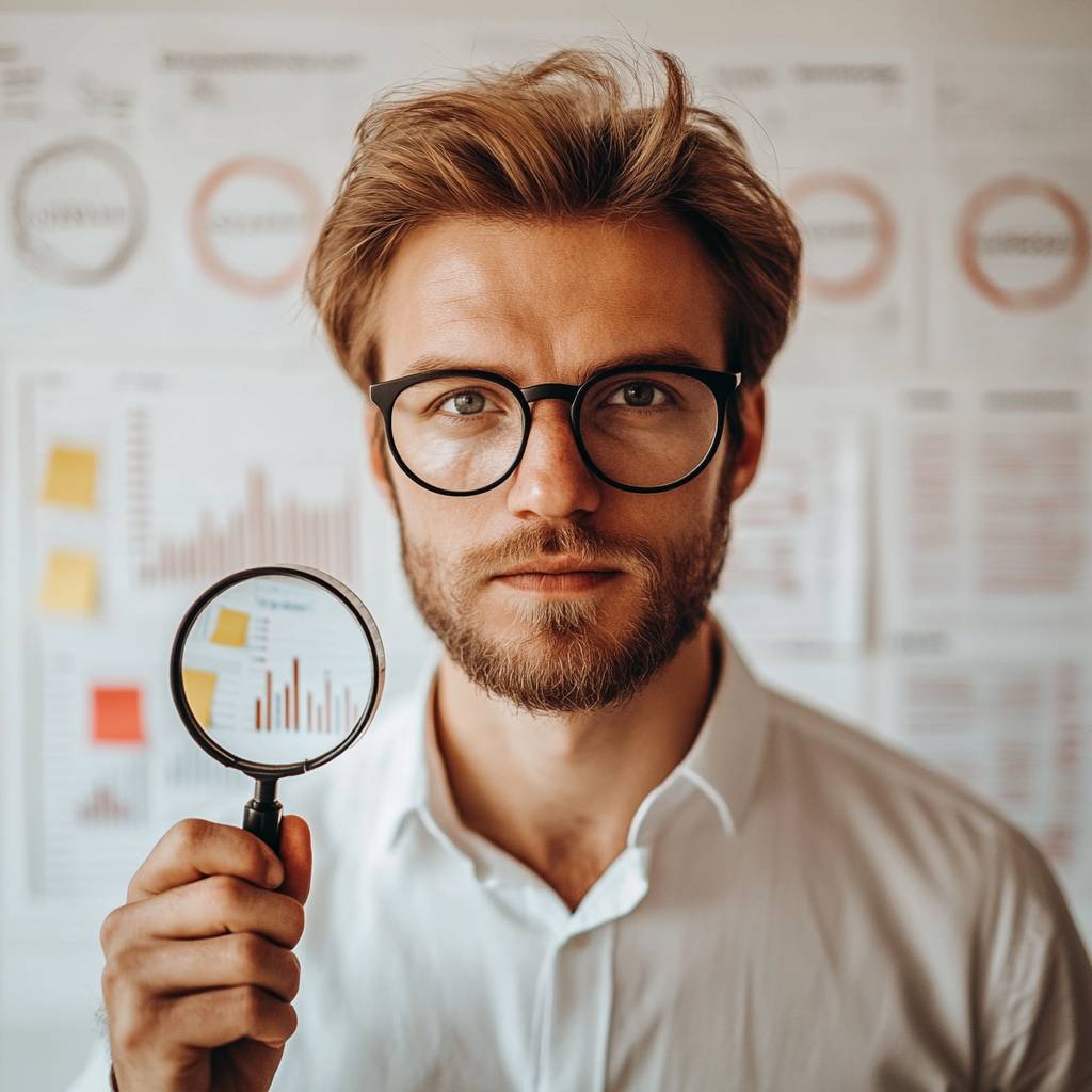 A man with a beard and glasses holds a magnifying glass in front of him, analyzing graphs and charts displayed on a wall behind him.