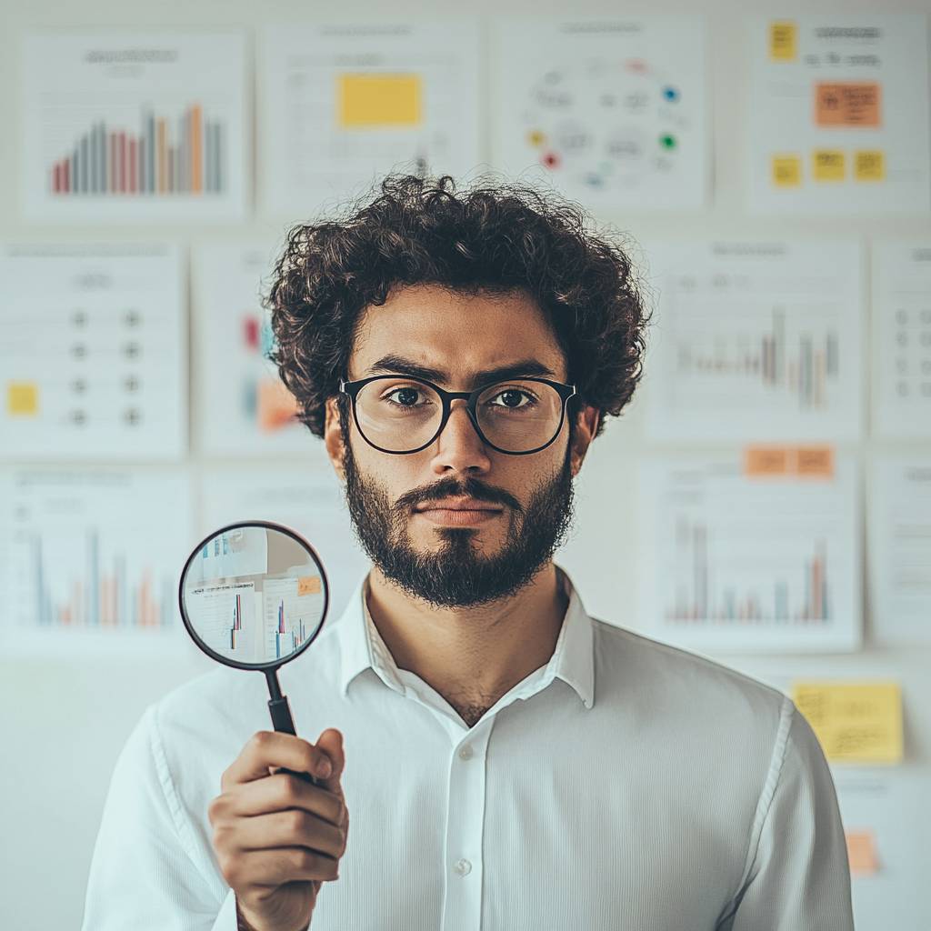 A man with curly hair and glasses holds a magnifying glass in front of charts and graphs displayed on a white wall. He looks intently at the viewer.