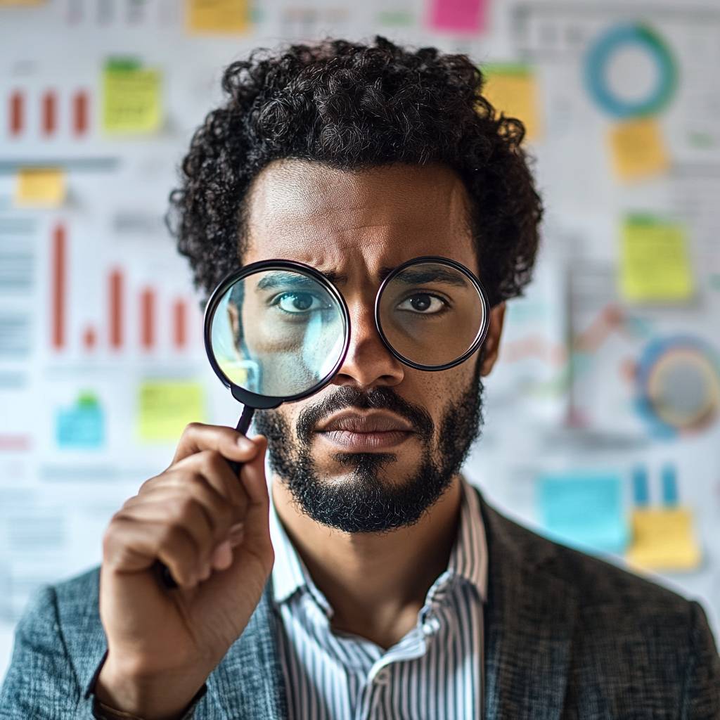 A man with curly hair and a beard holds a magnifying glass to his eye, standing in front of a wall covered with colorful graphs and sticky notes.