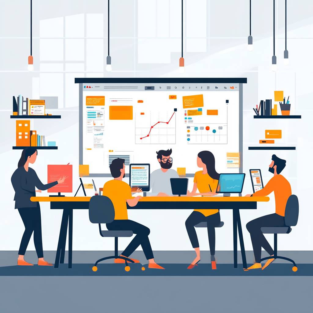 A diverse group of six people collaborates around a table with laptops and digital devices, discussing data displayed on a large screen.