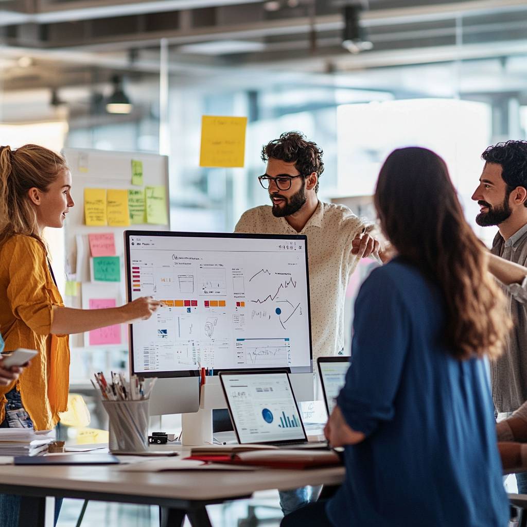 A group of four colleagues collaborates in a modern office, discussing data displayed on a large monitor with various charts and graphs.