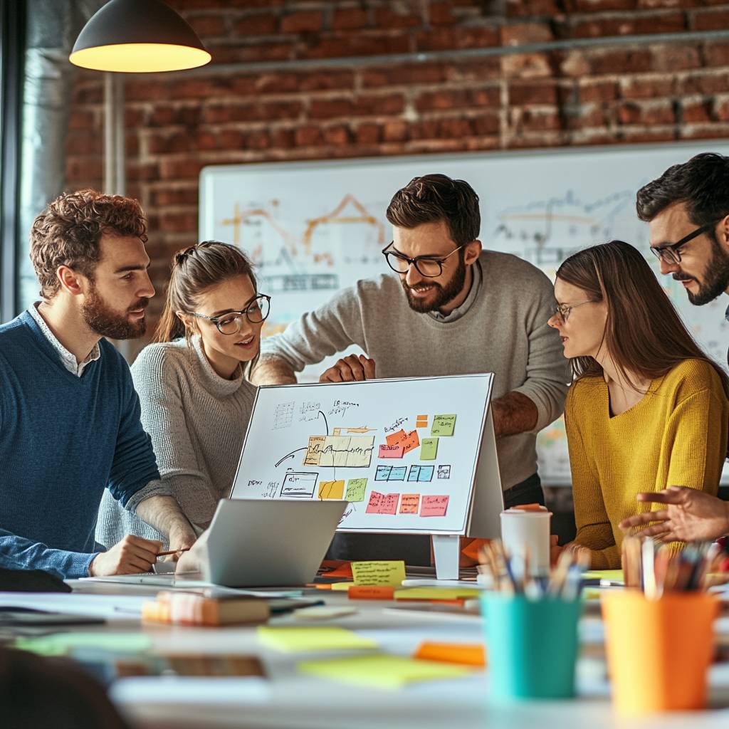 A diverse group of five professionals collaborates around a table, discussing ideas displayed on a whiteboard with colorful sticky notes and a laptop.