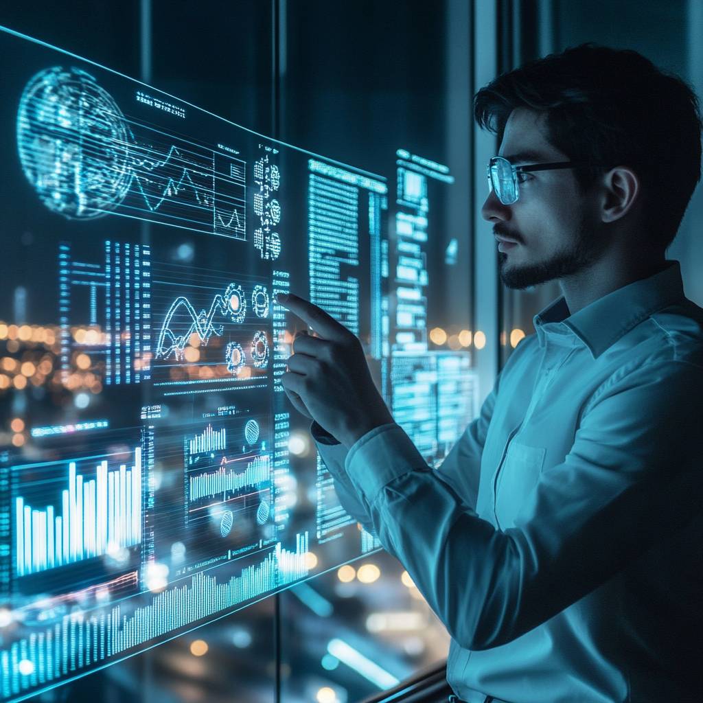 A man in a light blue shirt and glasses interacts with a transparent digital interface displaying graphs and data, city lights visible behind him.