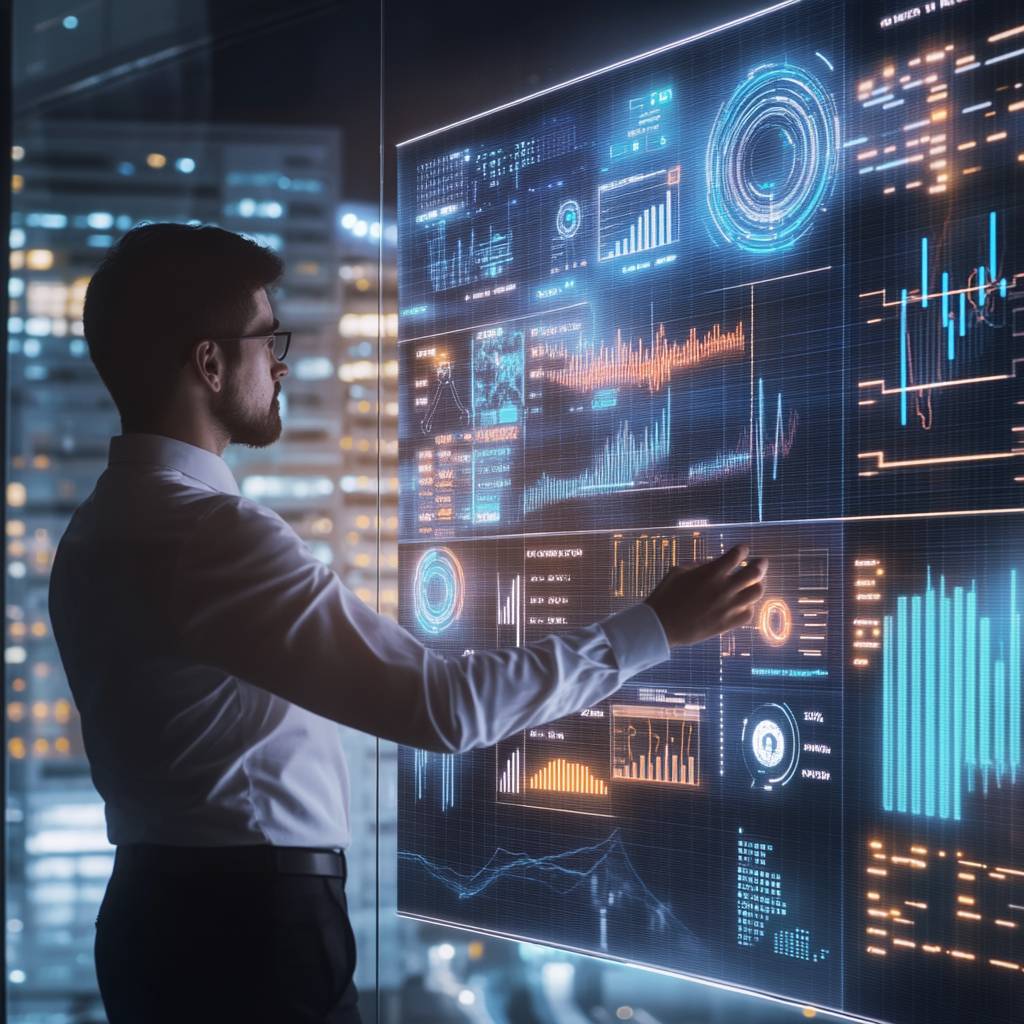 A man in a white shirt interacts with a transparent digital display showing various data analytics and graphs, with a city skyline at night in the background.