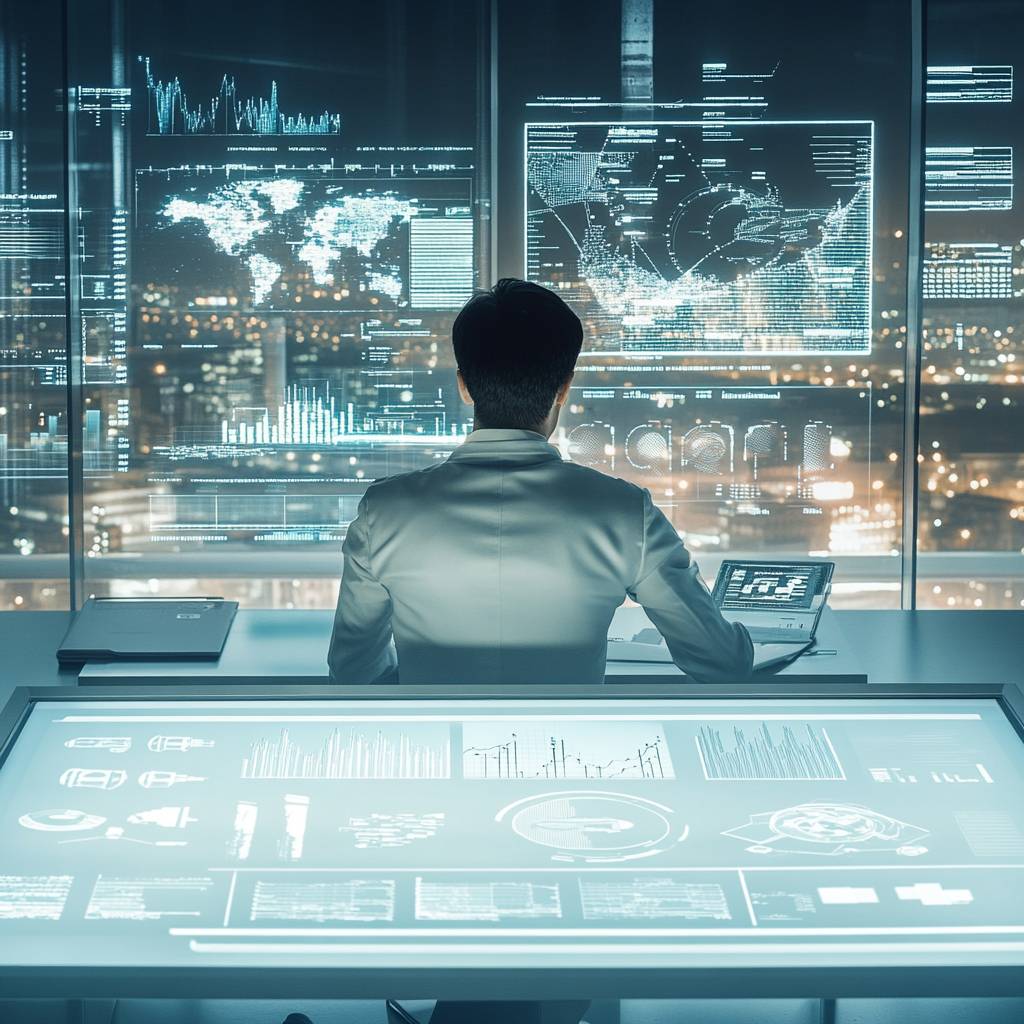 A person in a white coat sits at a futuristic desk, analyzing glowing data displays and graphs against a city skyline at night.