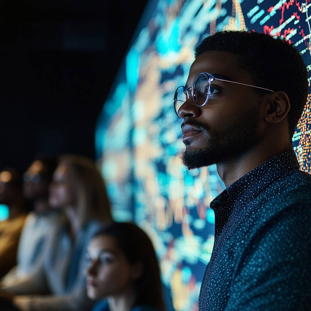 A focused young man wearing glasses stands in front of a digital display, with several blurred colleagues in the background sharing the same view.