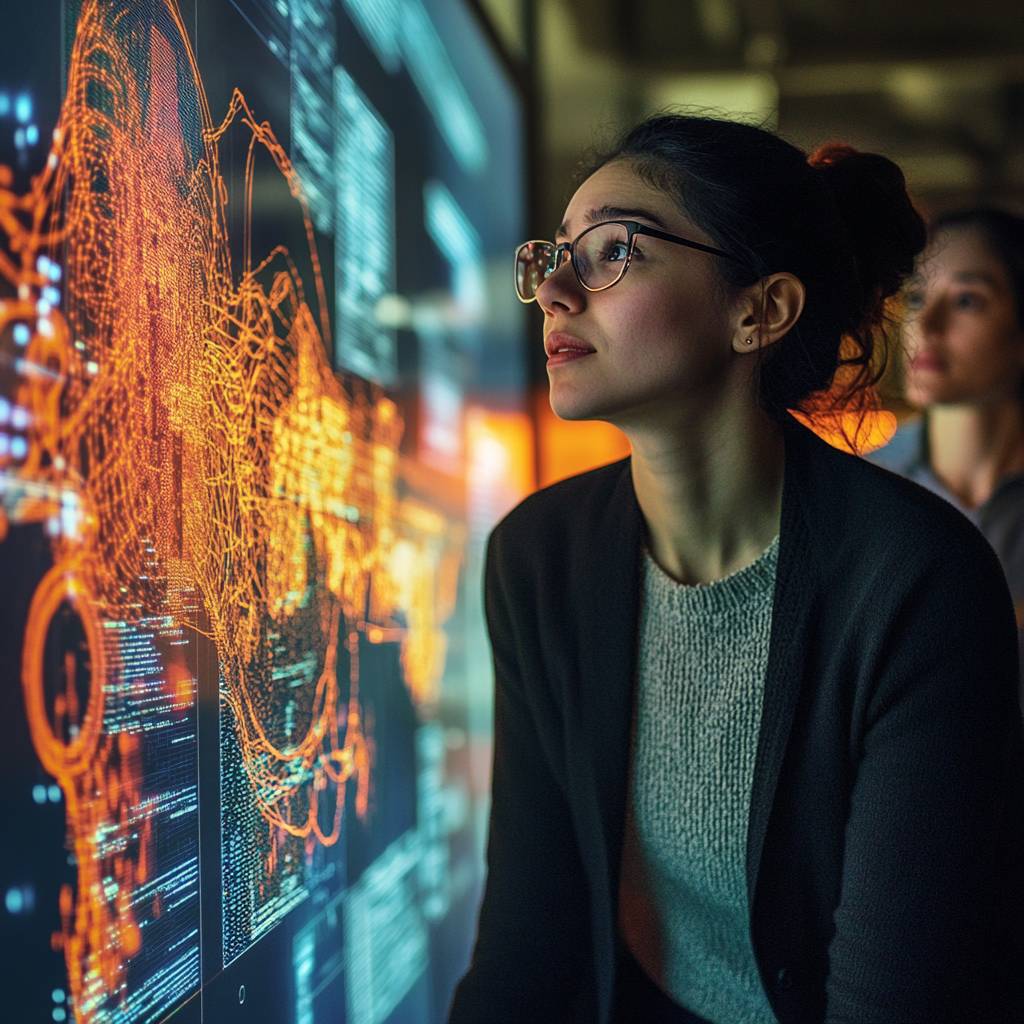 A woman in glasses observes vibrant data visualizations on a digital screen, while another figure is blurred in the background.