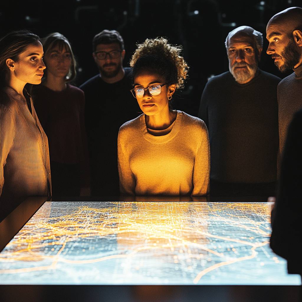 A group of six people stands around a backlit interactive map, observing it intently in a dimly lit room, engaged in discussion or analysis.