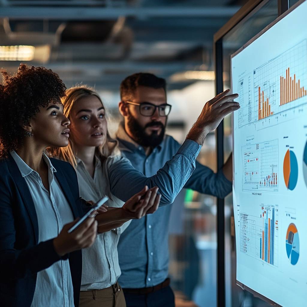 Three professionals analyzing data on a digital screen, discussing charts and graphs, engaged in a collaborative work environment.