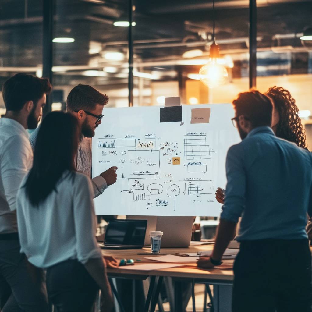 A group of six professionals engaged in a brainstorming session, analyzing charts and diagrams on a large paper displayed on a wall.