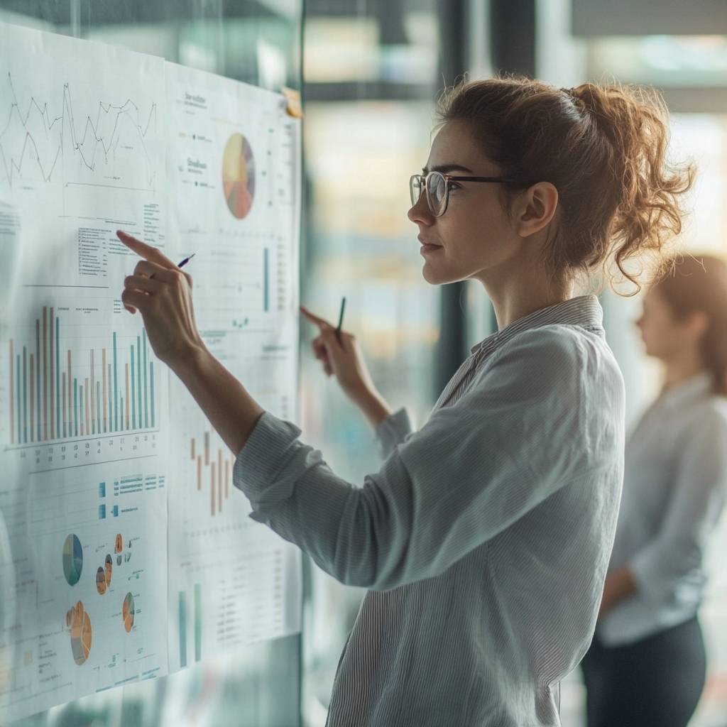 A woman with glasses points at various charts and graphs on a wall, while another person stands in the background, engaged in the discussion.