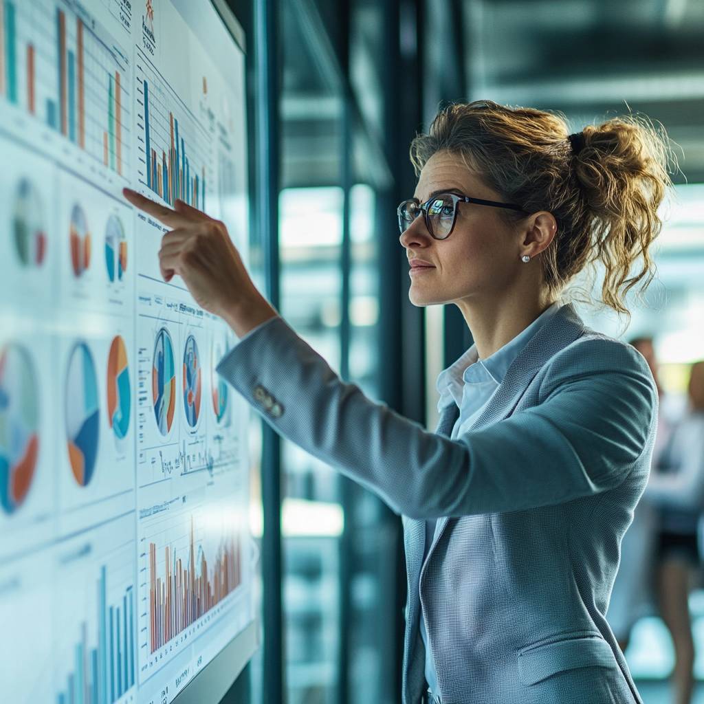 A businesswoman in a blue suit points at graphs and charts on a large presentation board in a modern office environment.