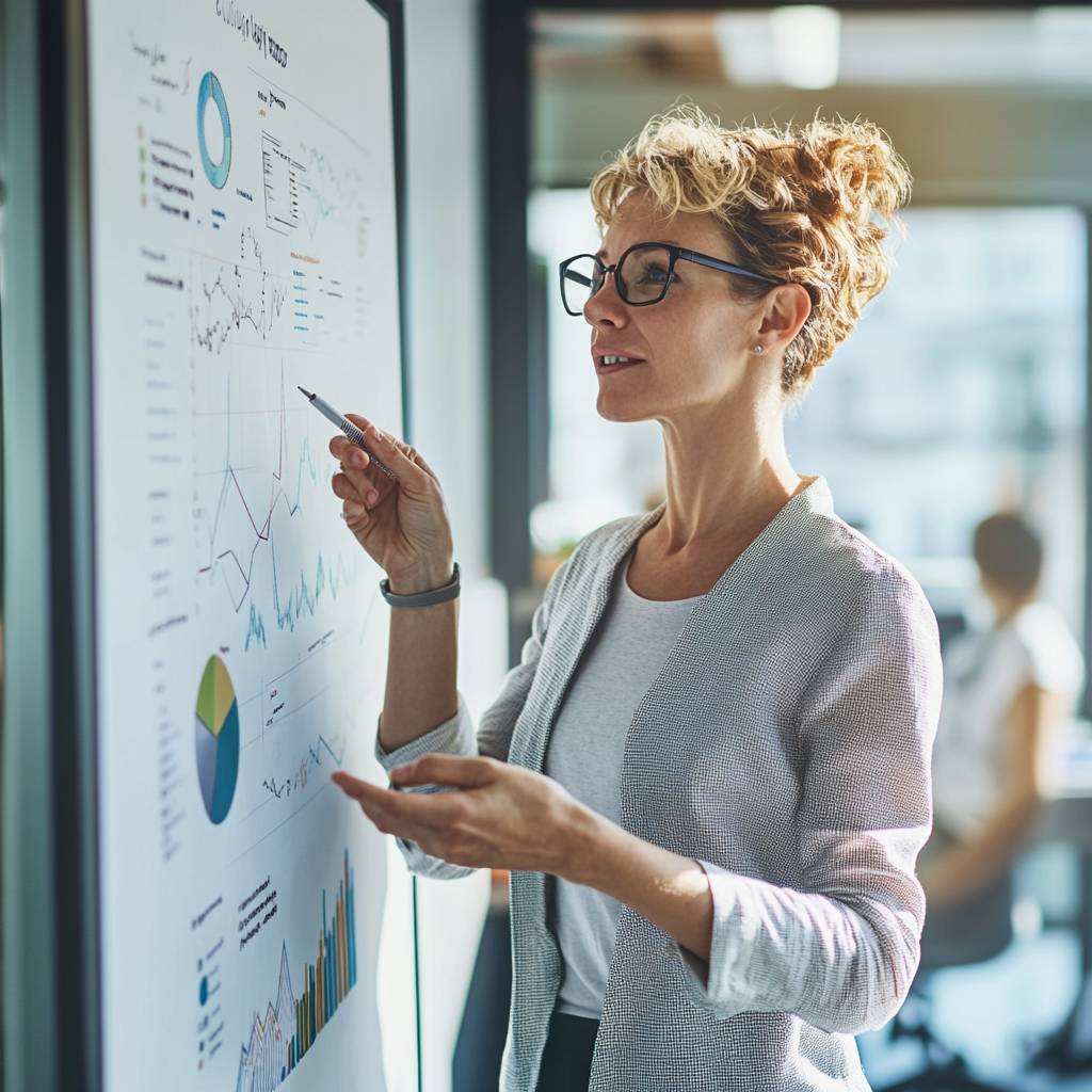 A professional woman with curly hair, wearing glasses, points at a chart on a wall while explaining data during a meeting in a modern office.