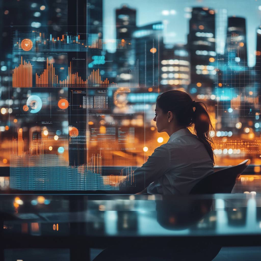 A woman with long hair sits in an office, gazing out at a city skyline illuminated by lights, with overlaying digital graphs and data displays.