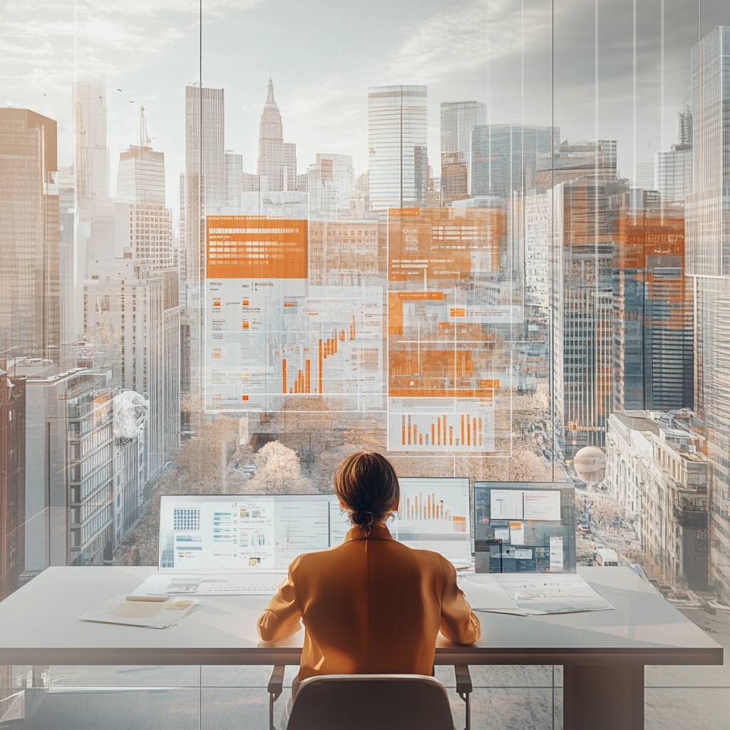 A person sitting at a modern desk facing a city skyline, with multiple screens displaying graphs and data analytics against a large glass window.