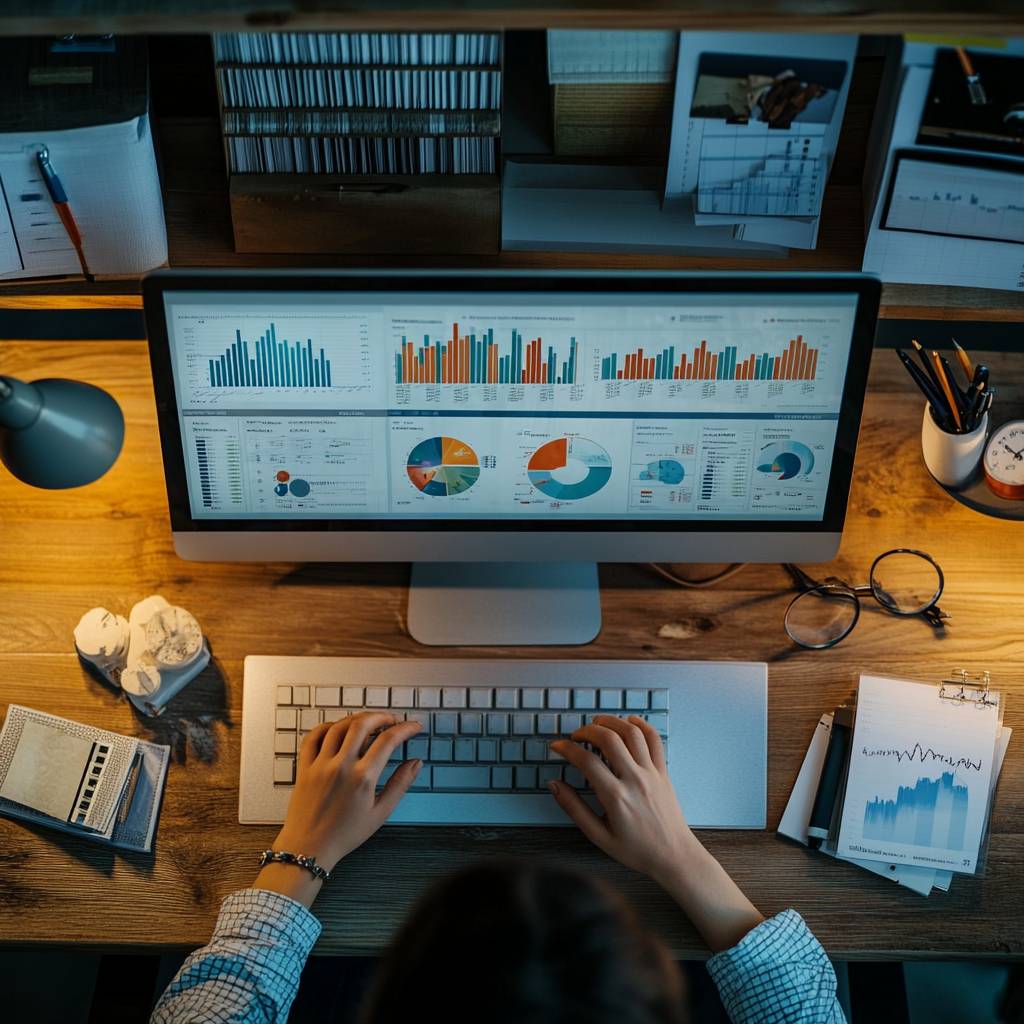 A person working at a desk using a computer to analyze various colorful charts and graphs displayed on the screen, with stationery nearby.