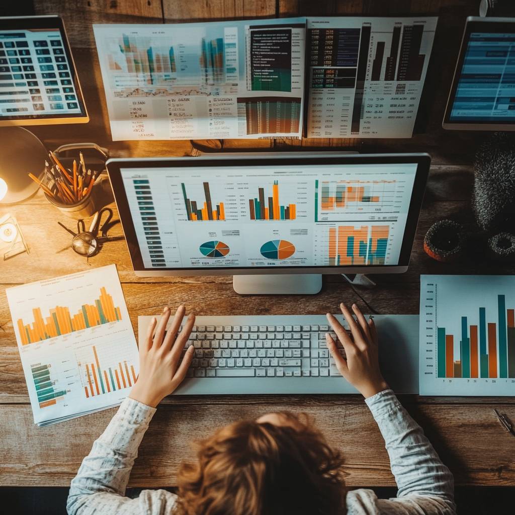 Aerial view of a person typing on a keyboard in front of a computer displaying various colorful graphs and charts on screens and paper.