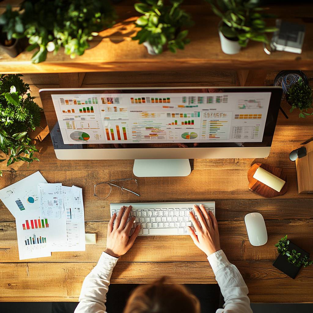 Aerial view of a person working on a computer with data charts on the screen, surrounded by green plants, papers, and a mouse.
